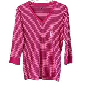 NWOT Jones New York Sport V Neck Pull Over Pink White Stripes Size Medium